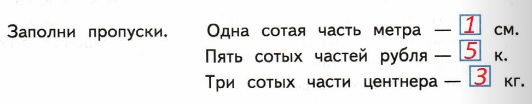 номер 41 страница 24 рабочая тетрадь 2 часть одна сотая часть метра, пять сотых частей рубля, три сотых части центнера